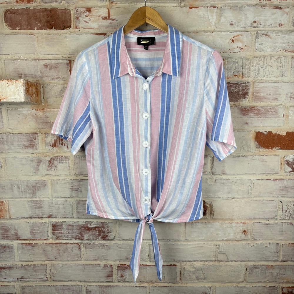 Alexa Admor Linen Cotton Tie Front Striped Coastal Resort Blouse